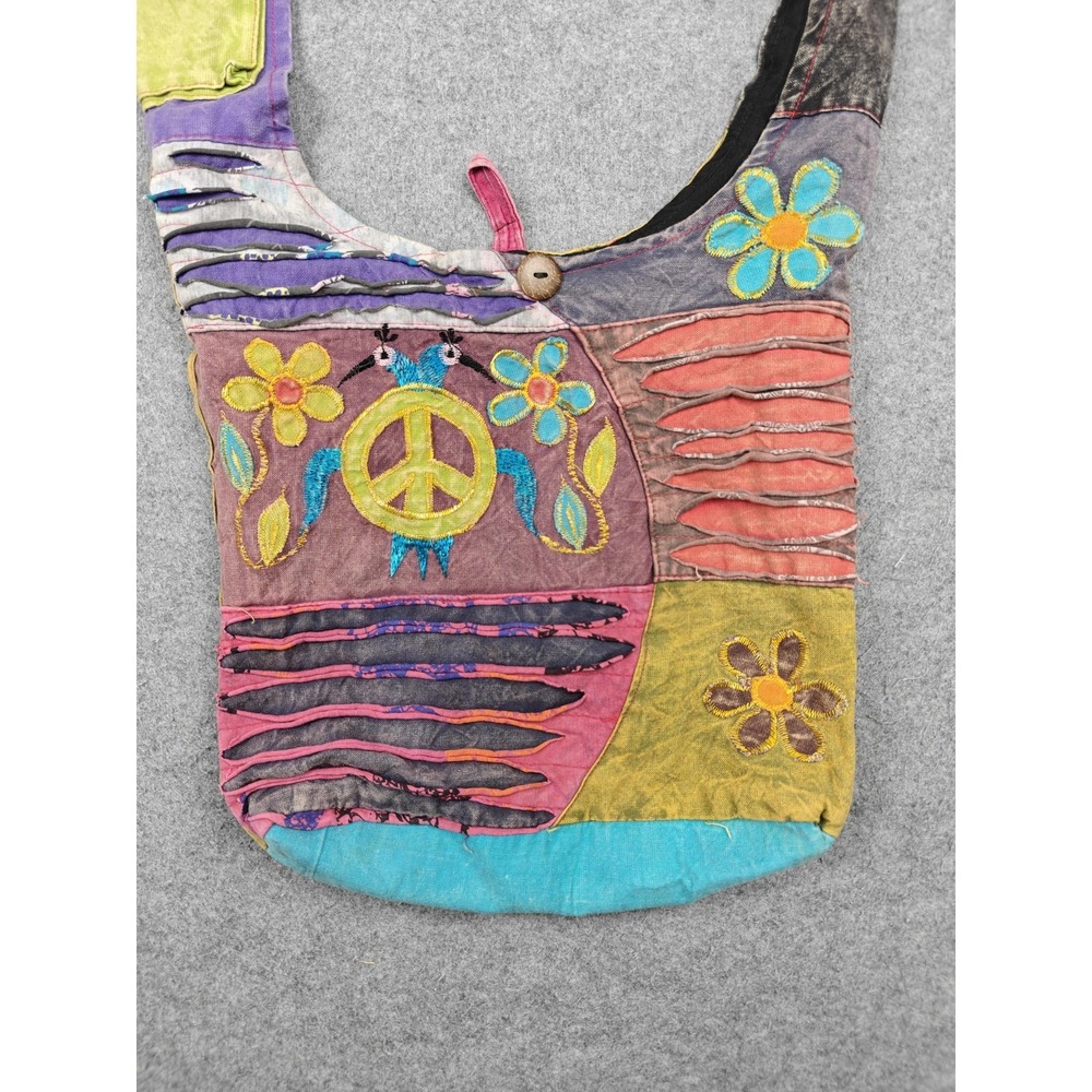 Boho Patchwork Tote Bag Womens Large Multicolor Peace Sign Hippie Crossbody - Picture 2 of 13